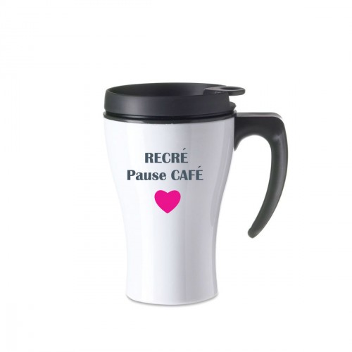 Mug isotherme blanc Pause café coeur rose