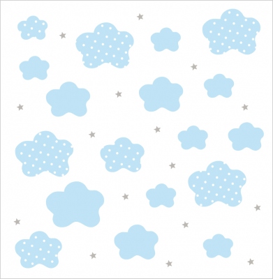 Papier peint nuages et étoiles bleus fond blanc