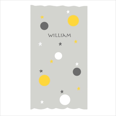 Rideau gris motif bulles et étoiles jaunes, blanches et grises