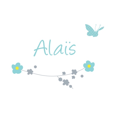 Sticker prénom printemps fleurs et papillon Alaïs