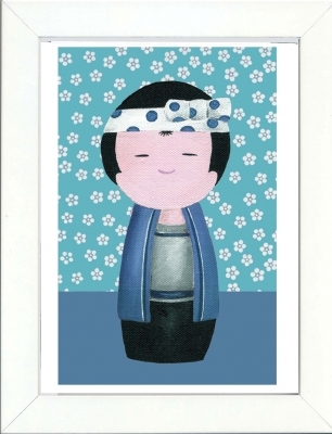 Tableau enfant encadré kokeshi garçon bleu fleurs