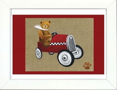 Tableau enfant encadré ours en voiture rouge au damier
