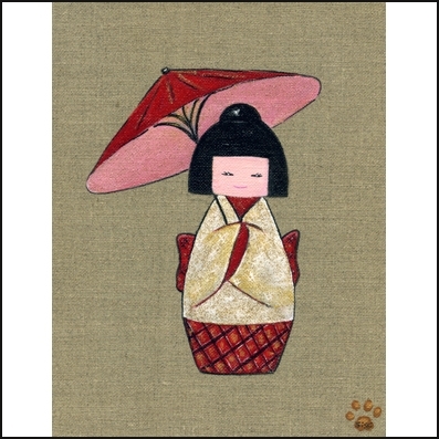 Tableau kokeshi a l&#39;ombrelle