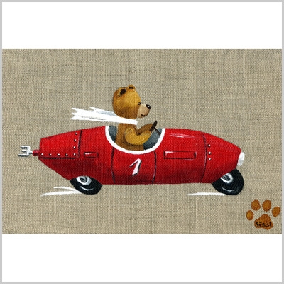 Tableau ours garçon en voiture rouge