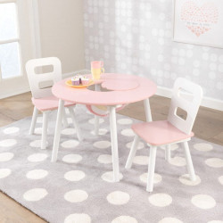 Ensemble table ronde avec rangement et 2 chaises - Rose/Blanc