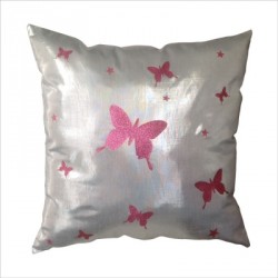 Coussin argent papillons roses 