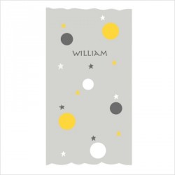 Rideau gris motif bulles et étoiles jaunes, blanches et grises