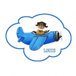Sticker Plaque de porte ours en avion bleu dans un nuage personnalisable