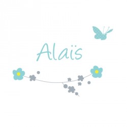 Sticker prénom printemps fleurs et papillon Alaïs