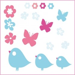 Stickers Oiseaux, fleurs et papillons