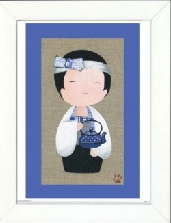 Tableau enfant encadré kokeshi garçon au thé