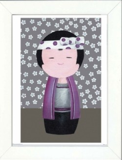 Tableau enfant encadré kokeshi garçon violet fleurs